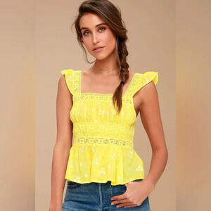 Free People Embroidered Yellow Lace Top